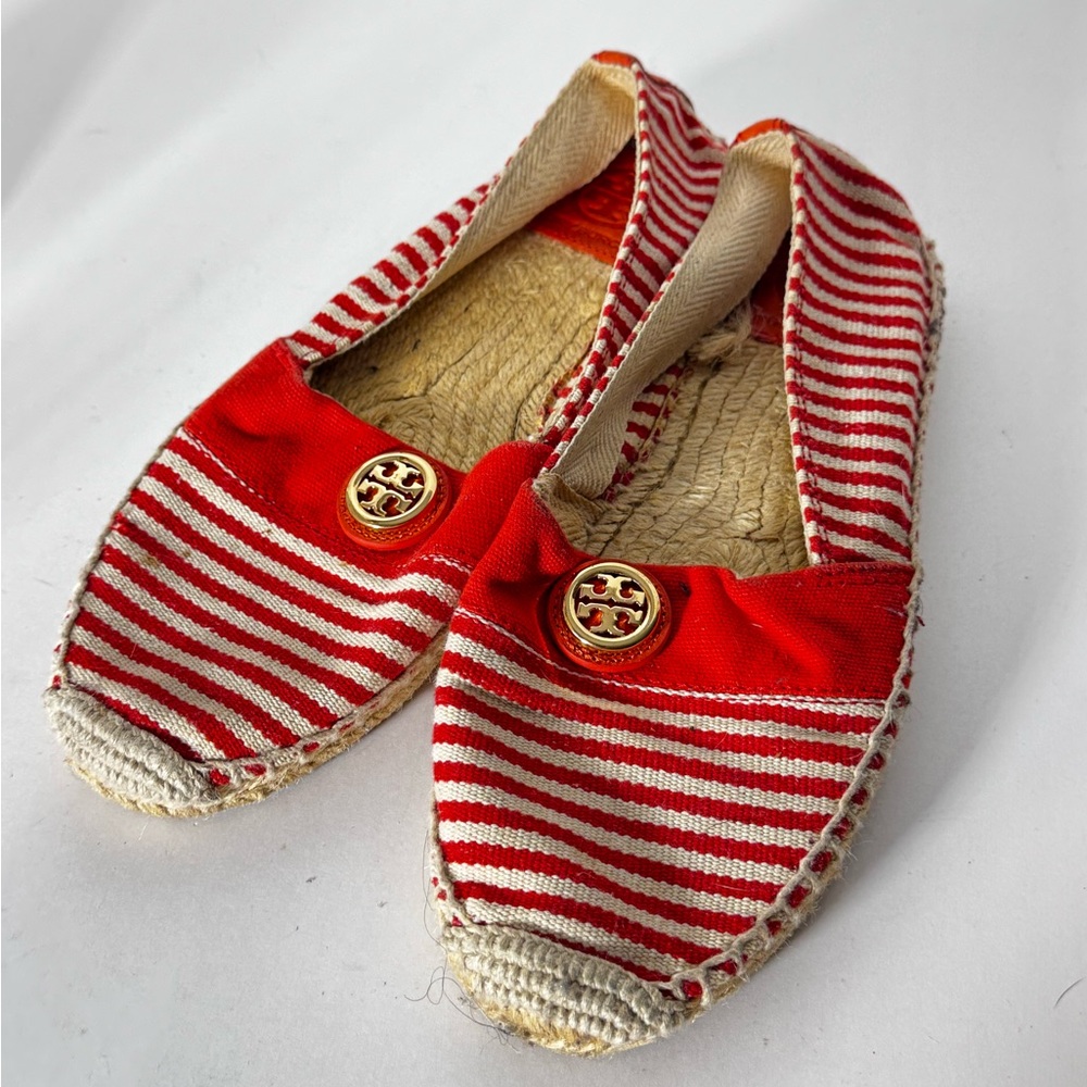 Tory Burch Beacher Striped Canvas Espadrilles Orange White 9